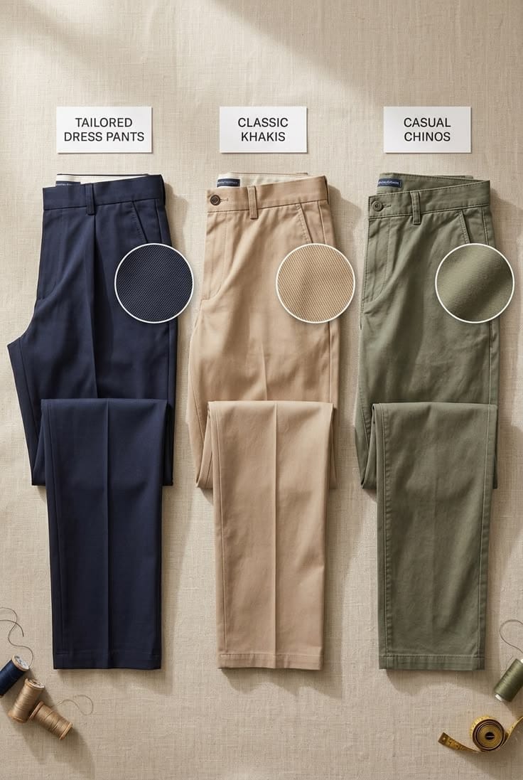 Tiga model celana: tailored dress pants, classic khakis, casual chinos