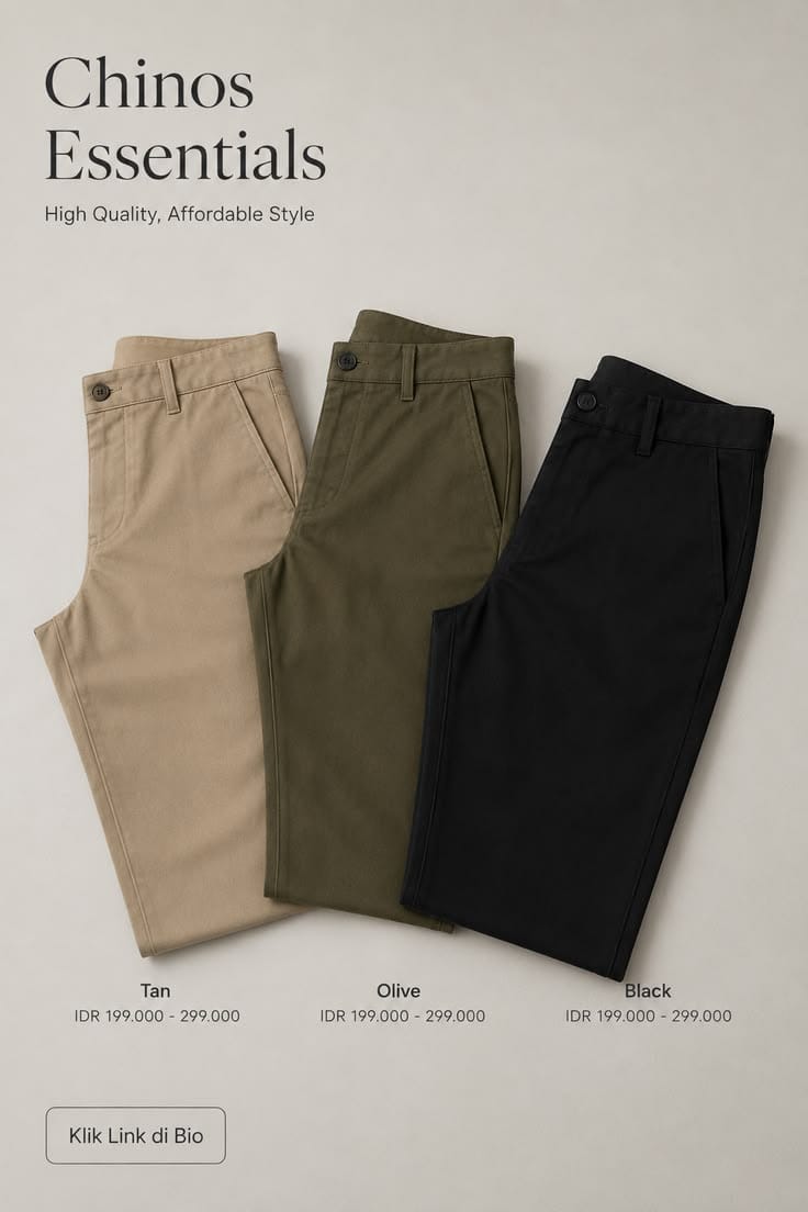 Celana chino warna tan, olive, dan hitam