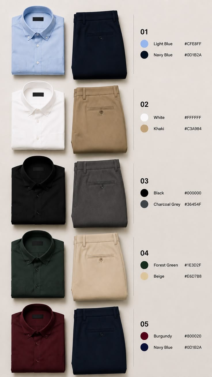 Kombinasi warna kemeja dan celana: biru muda-navy, putih-khaki, hitam-charcoal, hijau tua-beige, burgundy-navy